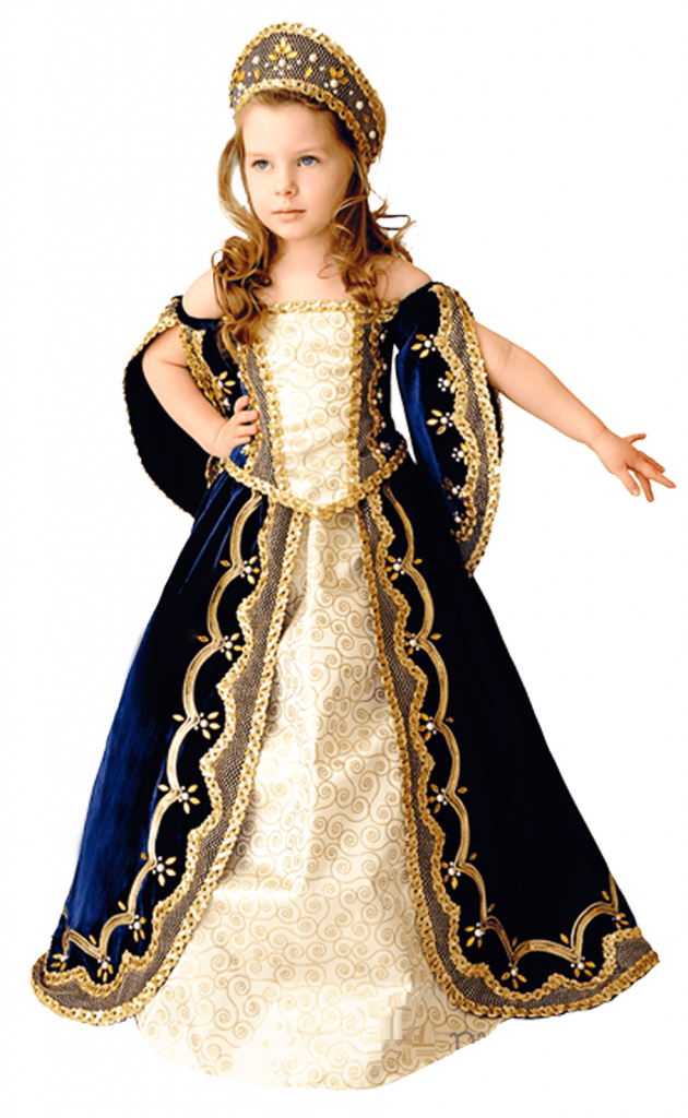 Костюм у стилі Ренесансу: довге двошарове плаття, прикрашене золотою вишивкою й синім оксамитом, на голові кокошник