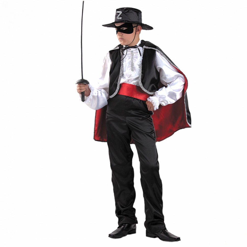 Костюм Зорро: біла сорочка, чорні штани, широкий червоний пояс, чорний плащ із червоною підкладкою, чорний капелюх з мотузкою та чорна маска на пів-обличчя, у руці – шпага