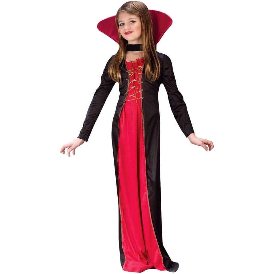 Готичний костюм: червоно-чорна сукня з імітацією корсажу та стоячим коміром. 