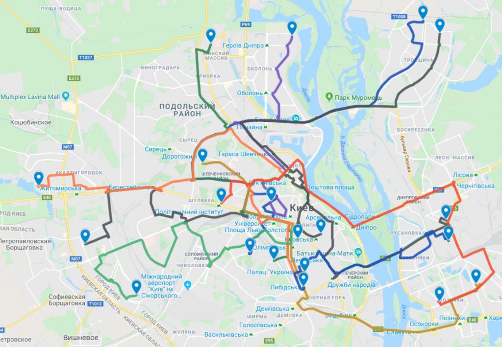 Карта маршрутов Uber Shuttle в Киеве