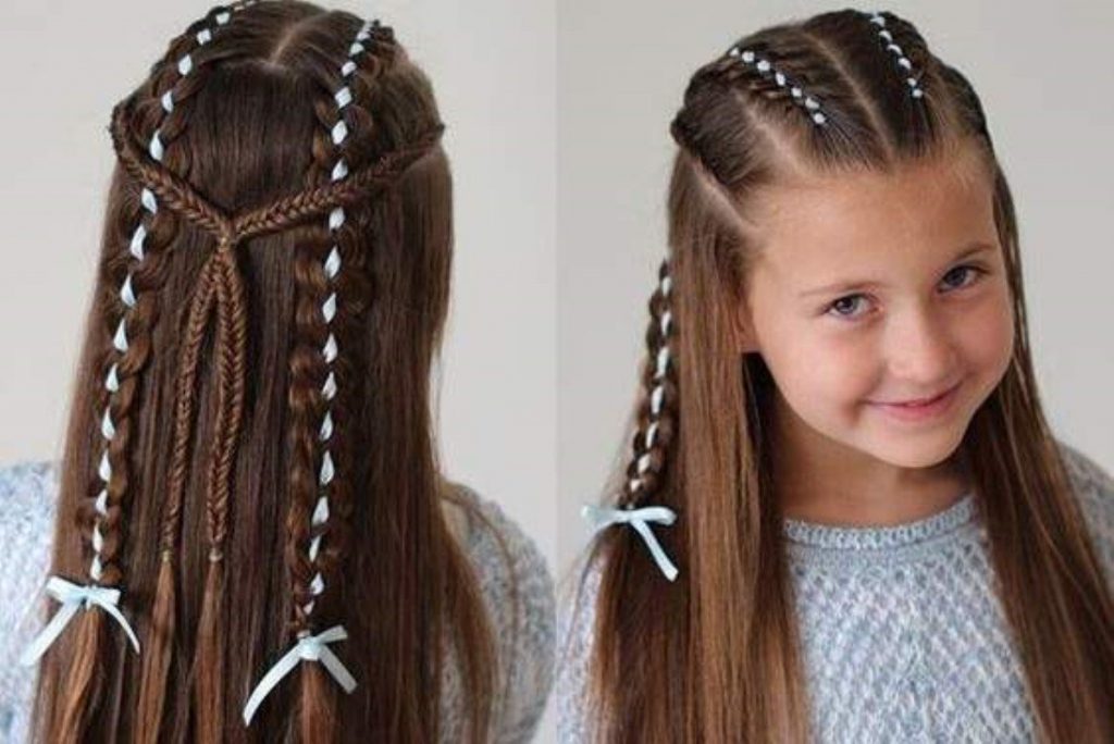 Оригінальна зачіска мальвінка для дівчинки зі стрічками та риб'ячими косами.