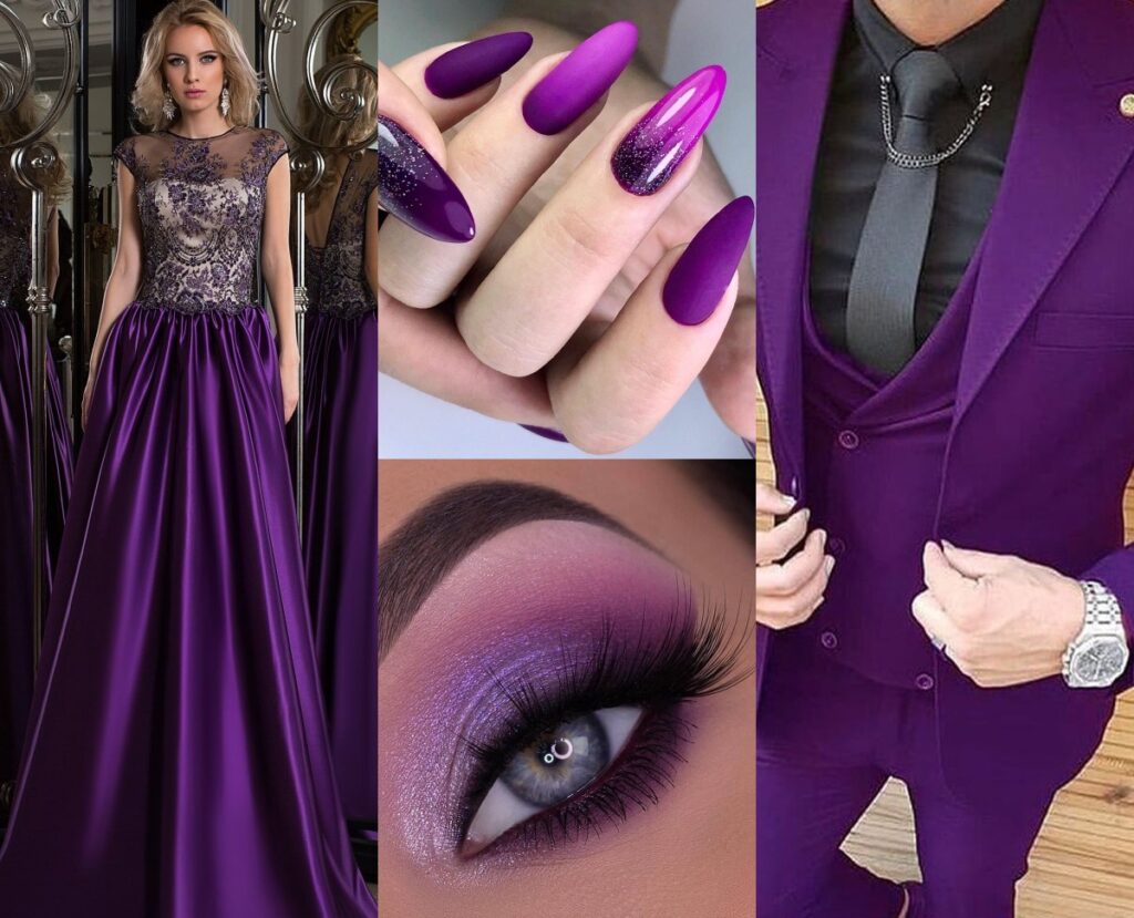 Фиолетовые тона вместе с черным – классическое сочетание для костюмов и платьев