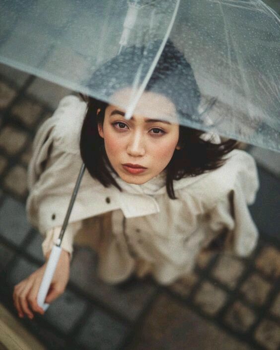 Девушка на фотосессии стоя с зонтом в руках