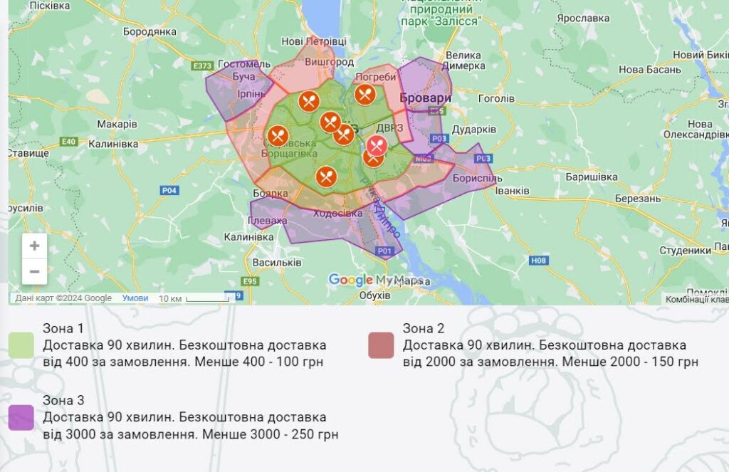 Карта доставки суши по Киеву