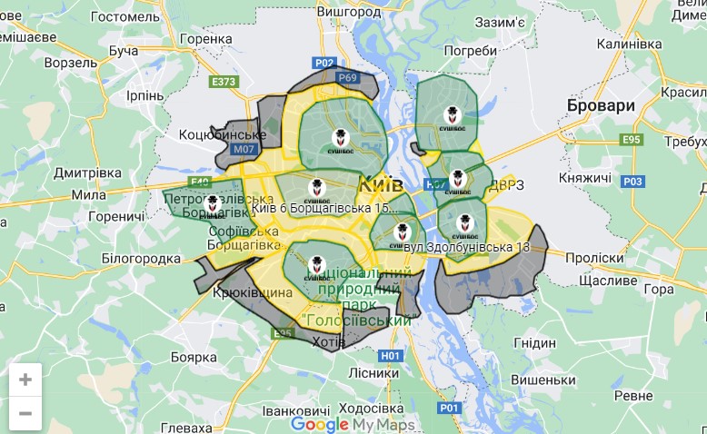 Карта місць доставки з ресторану «СушіБос»