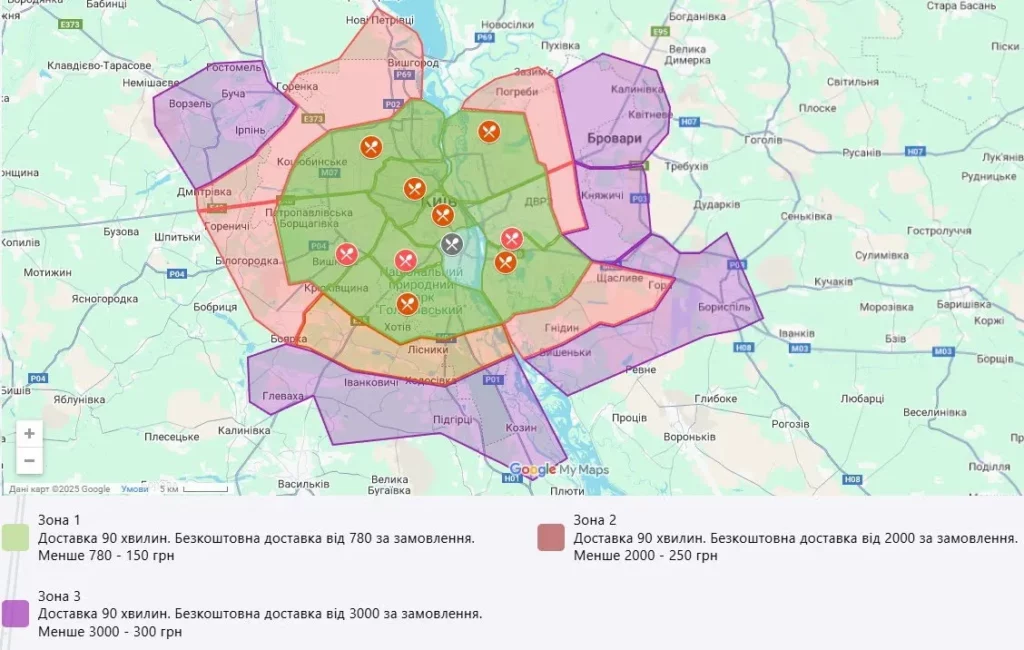 Карта доставки суши по Киеву