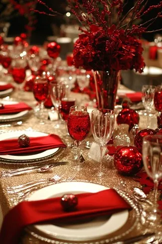 Украсить стол на Новый год в красной гамме