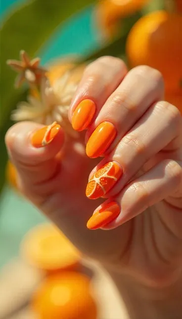Цитрусовый оранжевый нейл-дизайн с объемным декором 